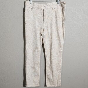 Chicos Platinum Denim Pants Womens  Size 1.5 M Lace Cream Pattern Ultimate Fit
